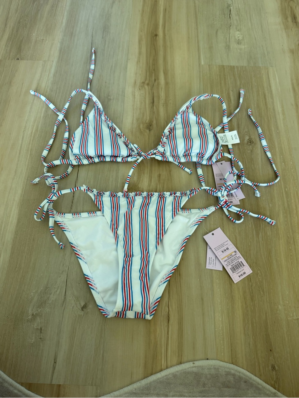 Striped Tie-Side Girls' Bikini - Blue, Red & White